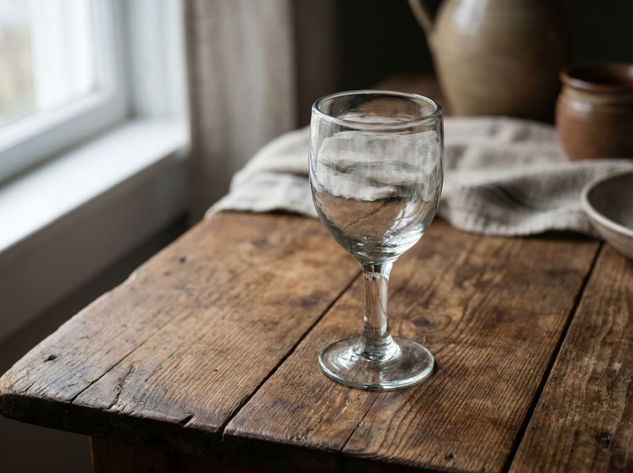 A wine glass catching light on a wooden table, warm tones, no wine, just the glass form (aocf86vo)