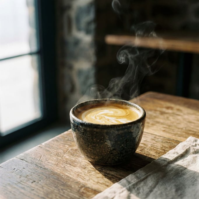 An espresso shot in a thick ceramic cup, crema still swirling (xi9jslv7)