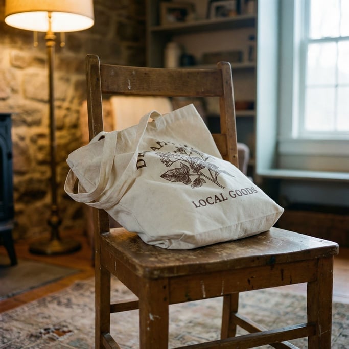 A cotton tote bag folded on a wooden chair, screen-printed design visible, natural and simple (a07vgrw)