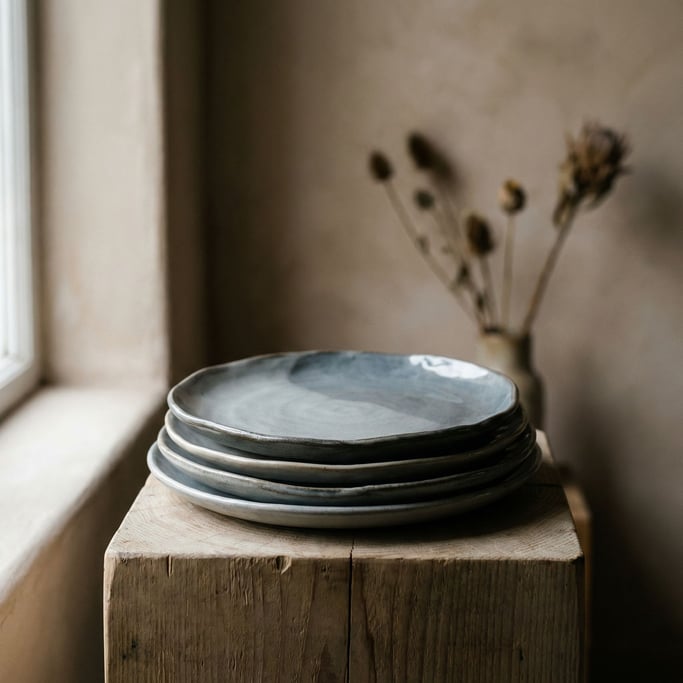 A stack of handmade ceramic plates in cool gray tones, slight imperfections visible, side lit (hdusw86m)