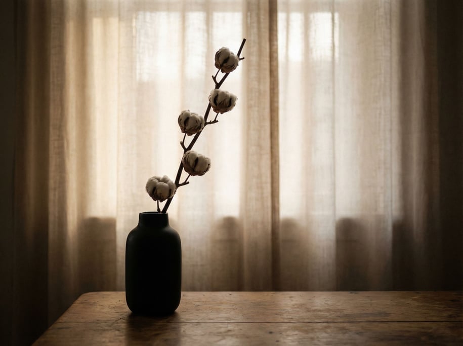 A single stem of dried cotton in a matte black vase, stark and minimal, negative space dominant