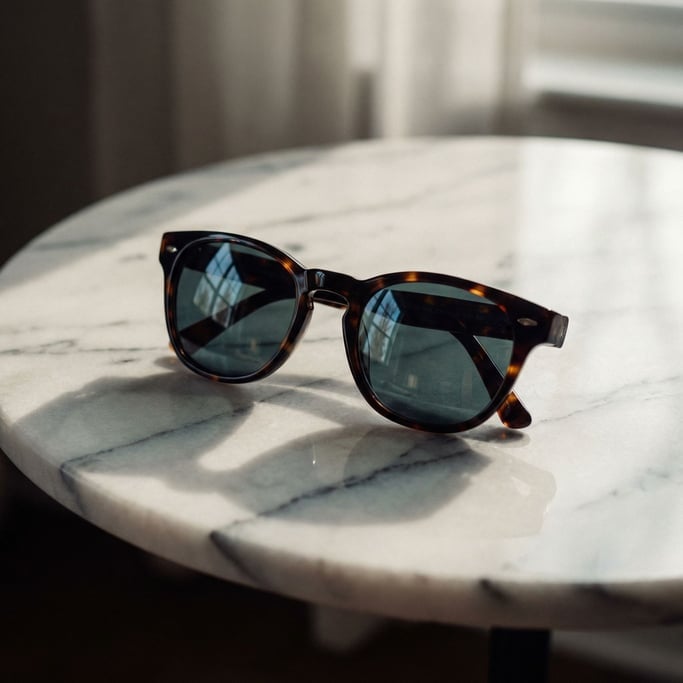 A pair of sunglasses on a white marble surface, reflections in the lenses, cool tones (mdsvsihm)