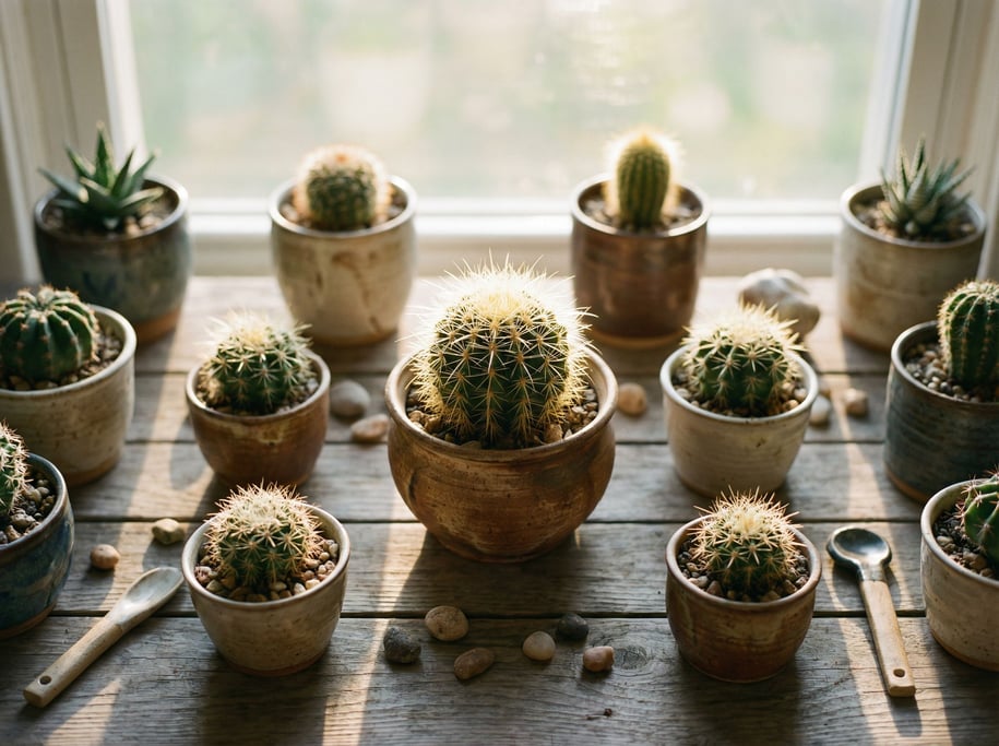 A small cactus in a hand-thrown ceramic pot, spines catching backlight, creating a halo effect (c8rlczrb)