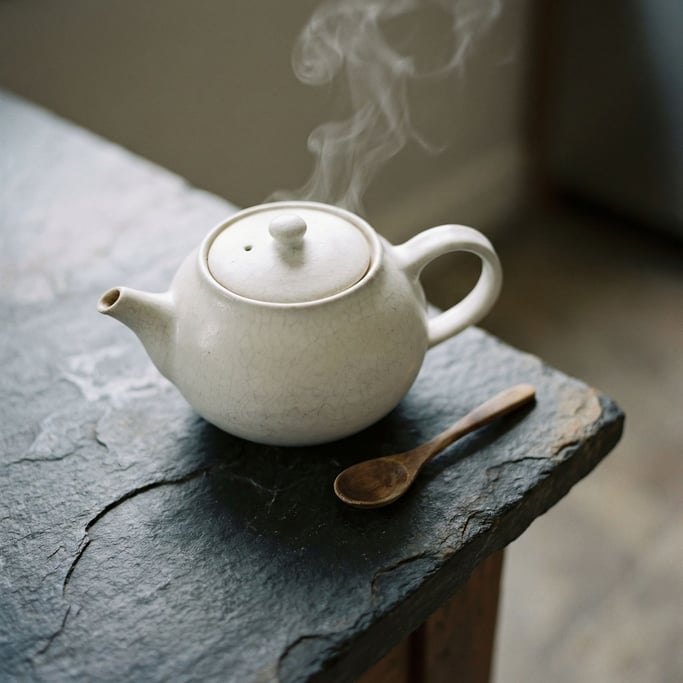 A white porcelain teapot on a dark stone counter, steam rising, minimal and clean (fxxfye5z)