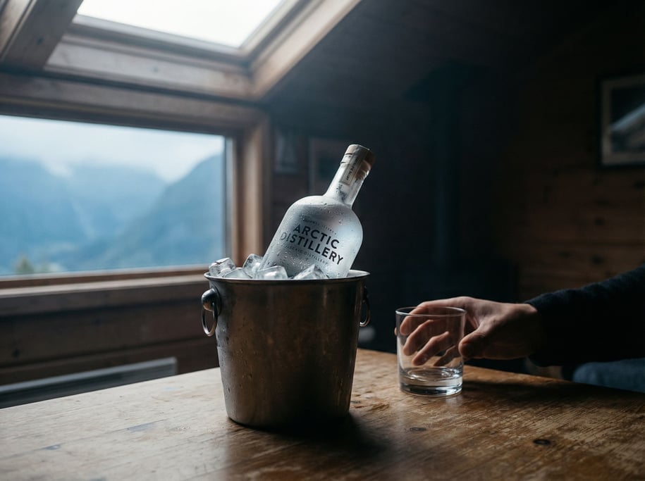 A glass bottle of clear spirit with condensation, ice bucket nearby, cool blue-gray tones (citidti9)