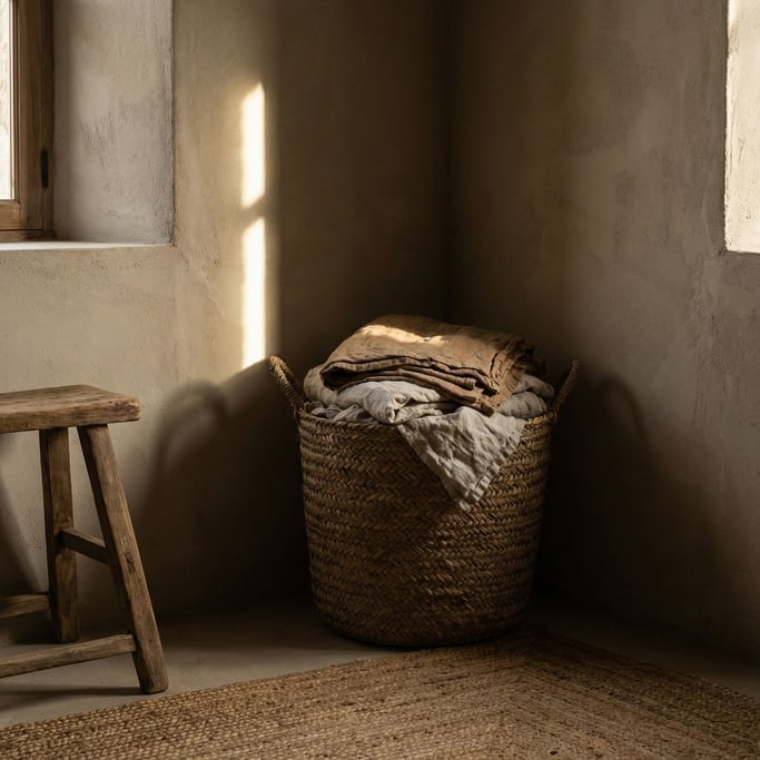 A woven seagrass basket holding folded linen blankets, corner of a minimal bedroom