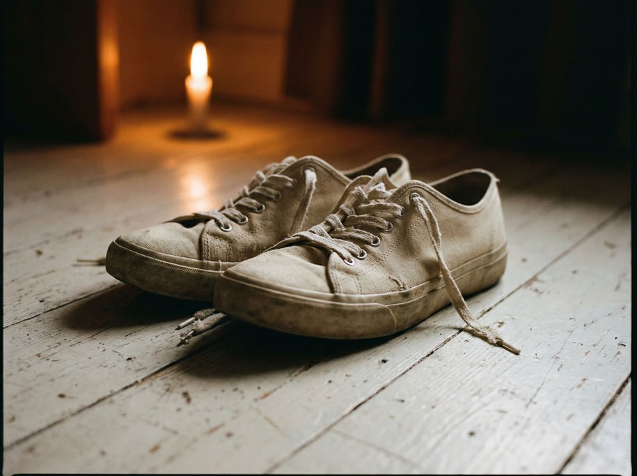 A pair of raw canvas sneakers on a whitewashed wood floor, laces untied, casual and lived-in