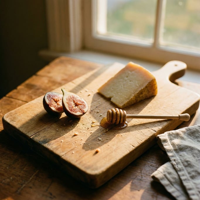 A wooden cutting board with a wedge of aged cheese, a fig cut in half, and a honey dipper