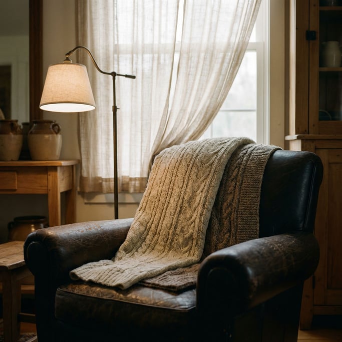 A wool blanket draped over the arm of a leather chair, cable knit pattern visible