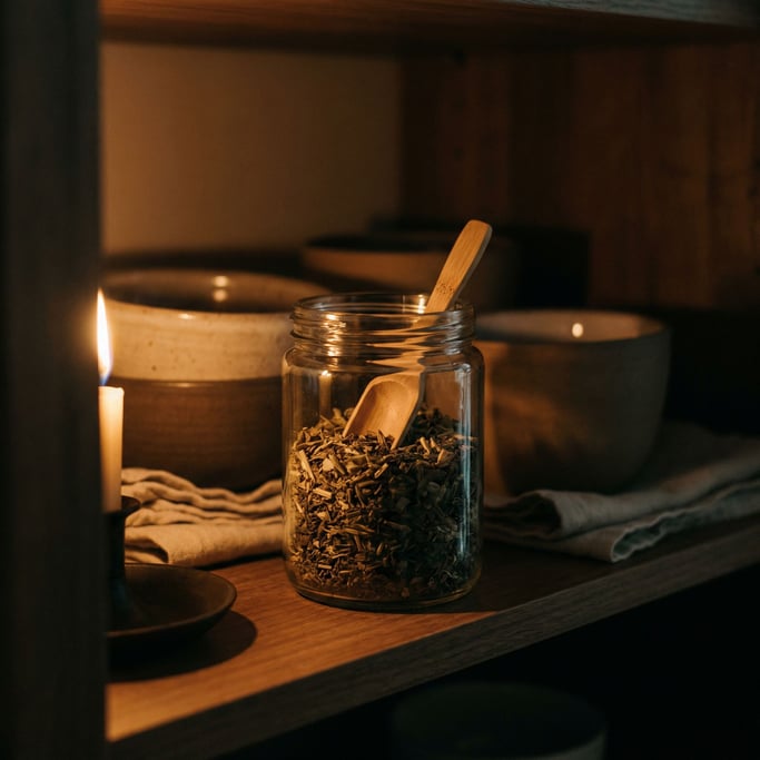 A glass jar of loose-leaf tea with a bamboo scoop, dried leaves visible through the glass