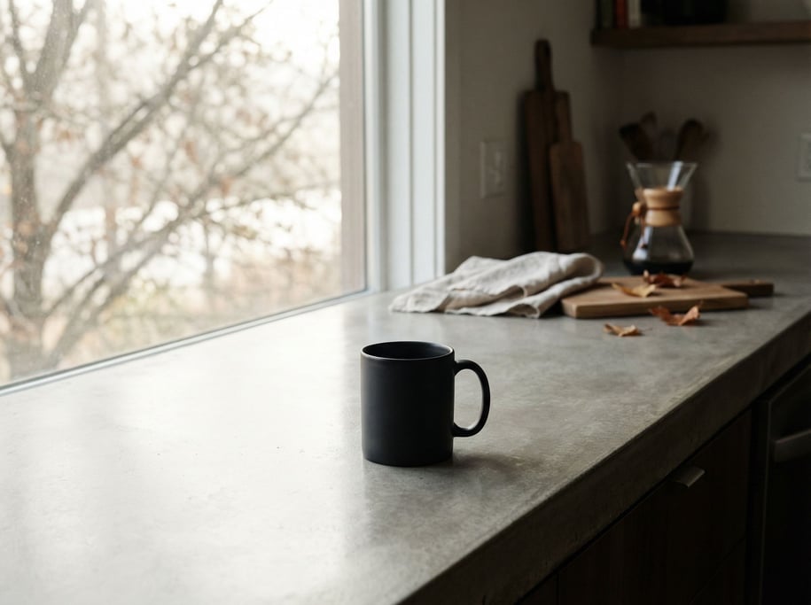 A black matte ceramic mug on a polished concrete counter, morning light, no steam (f6l)