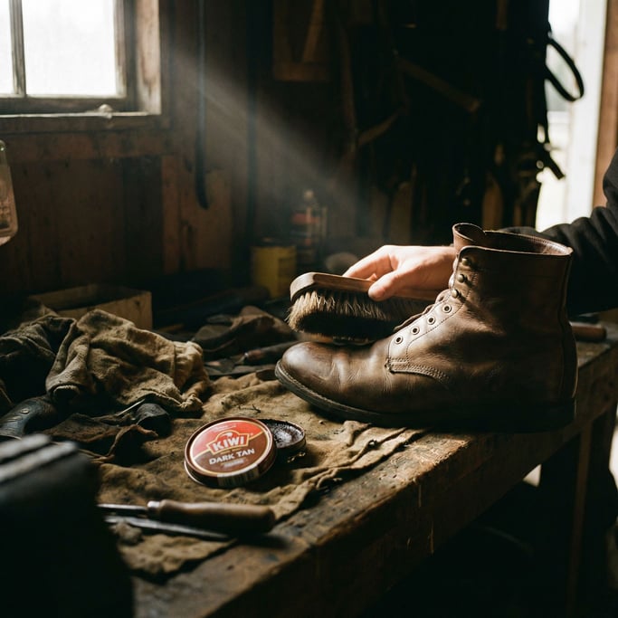 An open tin of shoe polish next to a horsehair brush and a leather boot, analog maintenance ritual