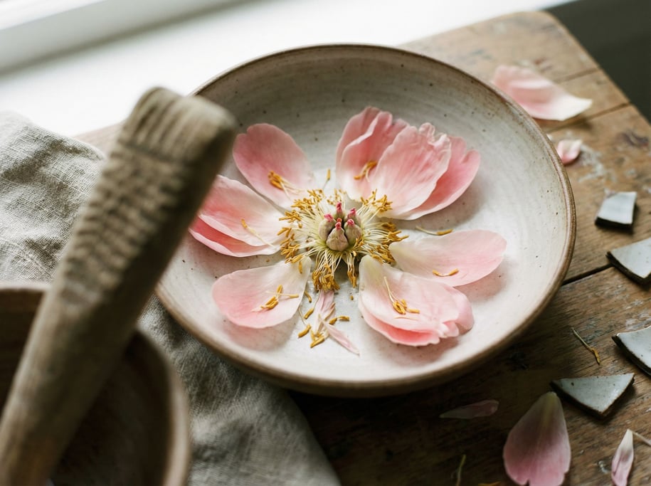 A single peony in full bloom in a wide ceramic bowl, petals soft and falling, overhead perspective