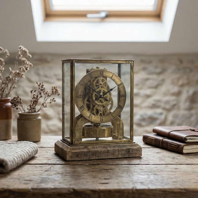 A brass desk clock with an exposed mechanism, gears visible through a glass back, ticking