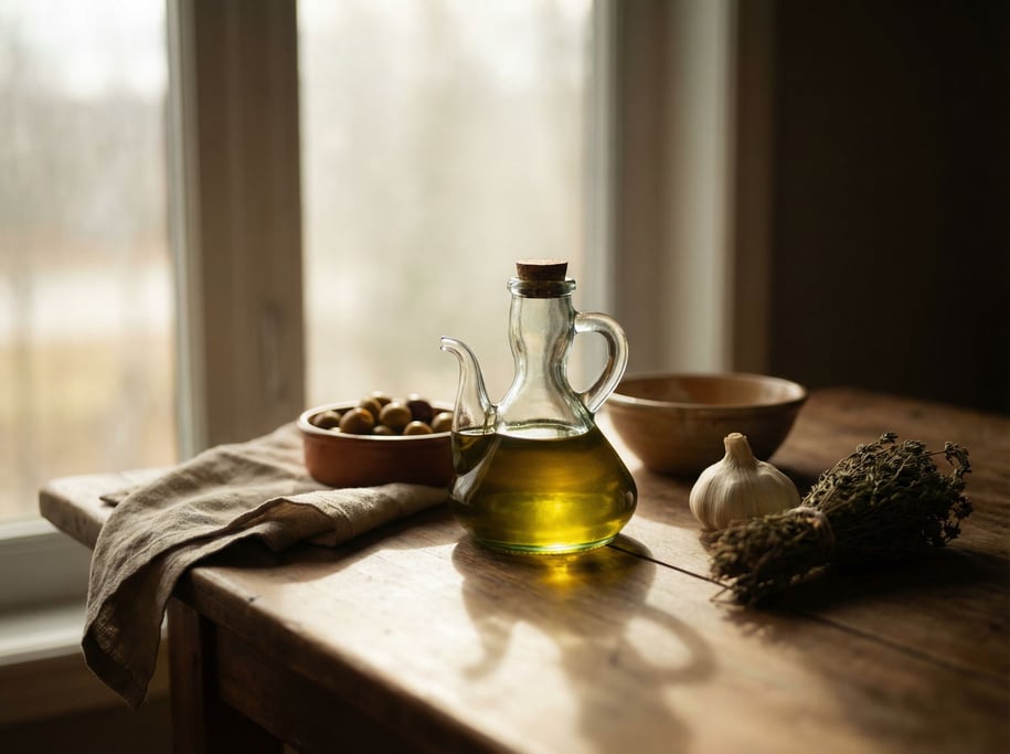 A clear glass oil cruet catching window light, olive oil inside glowing golden-green