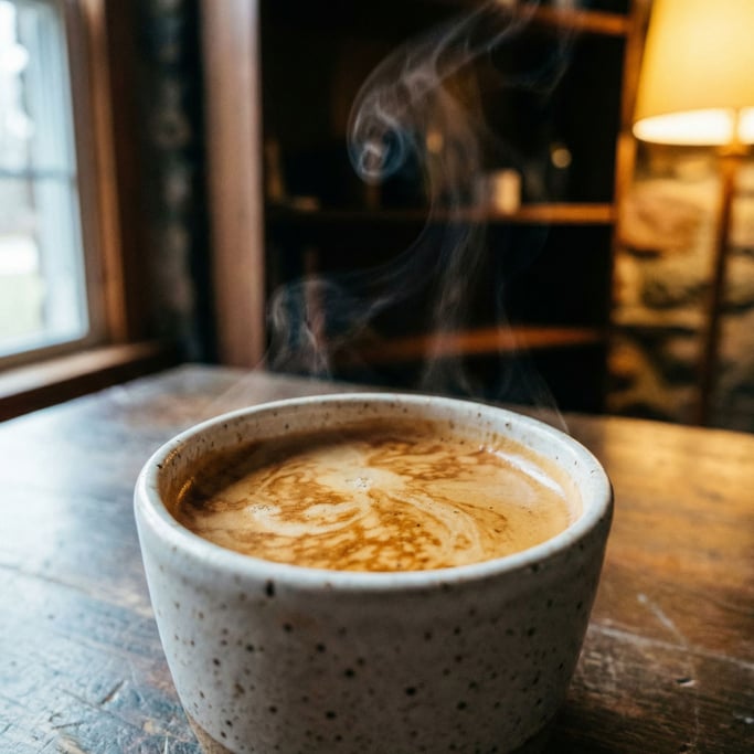 An espresso shot in a thick ceramic cup, crema still swirling (fm59ui)