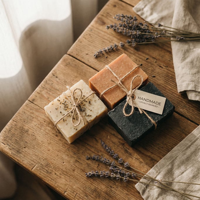 A small stack of artisan soap bars, different natural colors, tied with twine