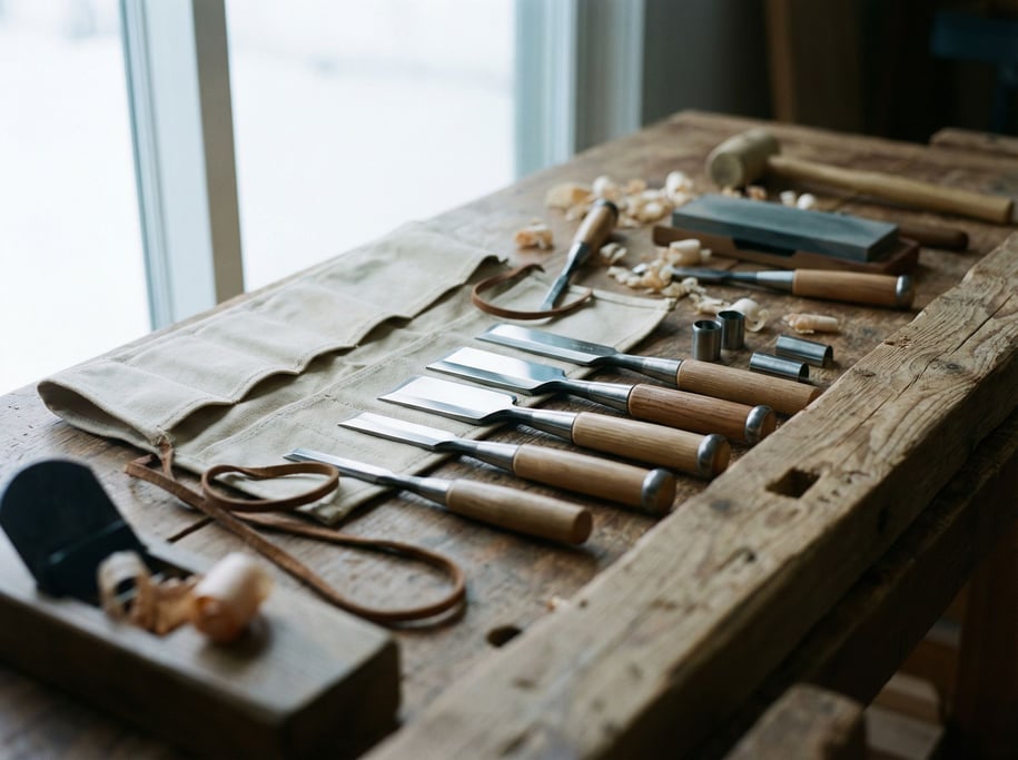A set of Japanese woodworking chisels in a roll-up canvas case, blades polished mirror-bright