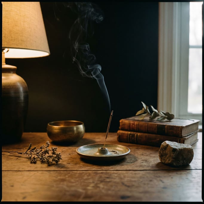 An incense holder with a smoking stick, ash curling in a thin line, single wisp rising against black (au62ypcc)