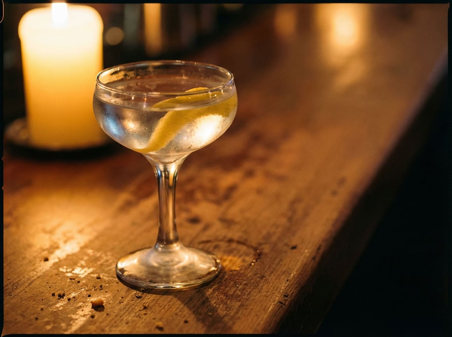 A cocktail in a coupe glass, clear spirit with a citrus peel twist, condensation on the stem