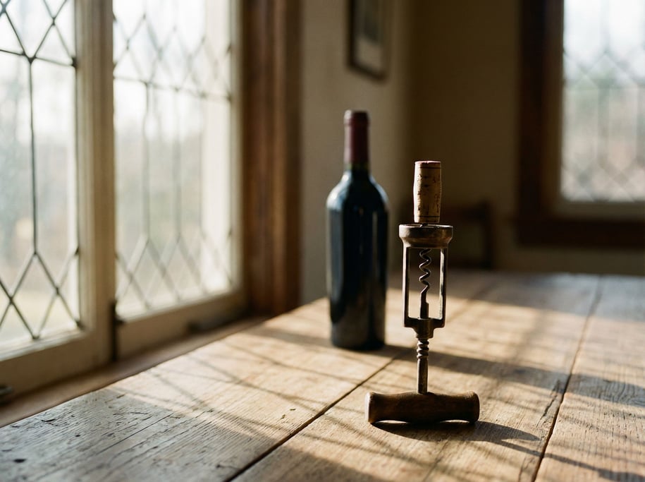 A corkscrew and wine cork mid-pull, red wine bottle in soft focus behind, ritual of opening