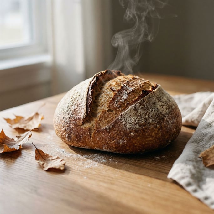 A sourdough boule fresh from the oven, flour-dusted crust cracking, steam escaping from a score mark