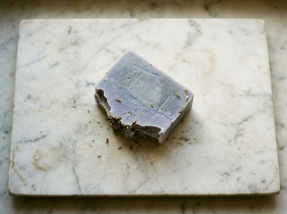A bar of handmade soap in cool lavender tones, resting on a marble slab (5o2hhdqj)