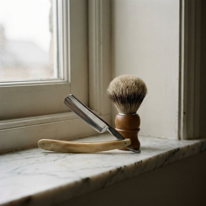 A vintage straight razor open on a marble shelf, chrome catching hard light, badger brush beside it