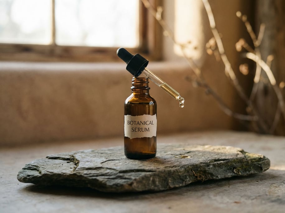 A dropper bottle of facial serum on a stone slab, single drop suspended from the glass pipette