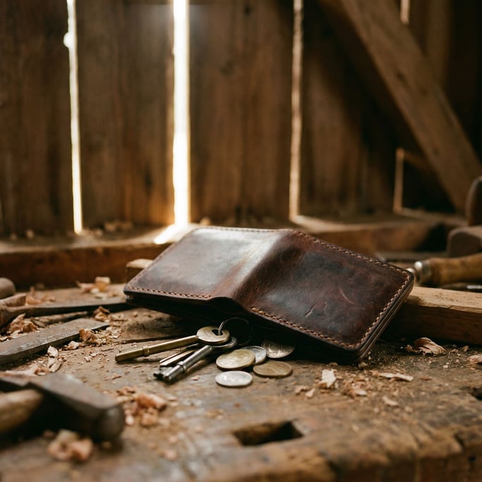 A hand-stitched leather wallet, aged to a rich patina, contents spilling slightly, keys beside it