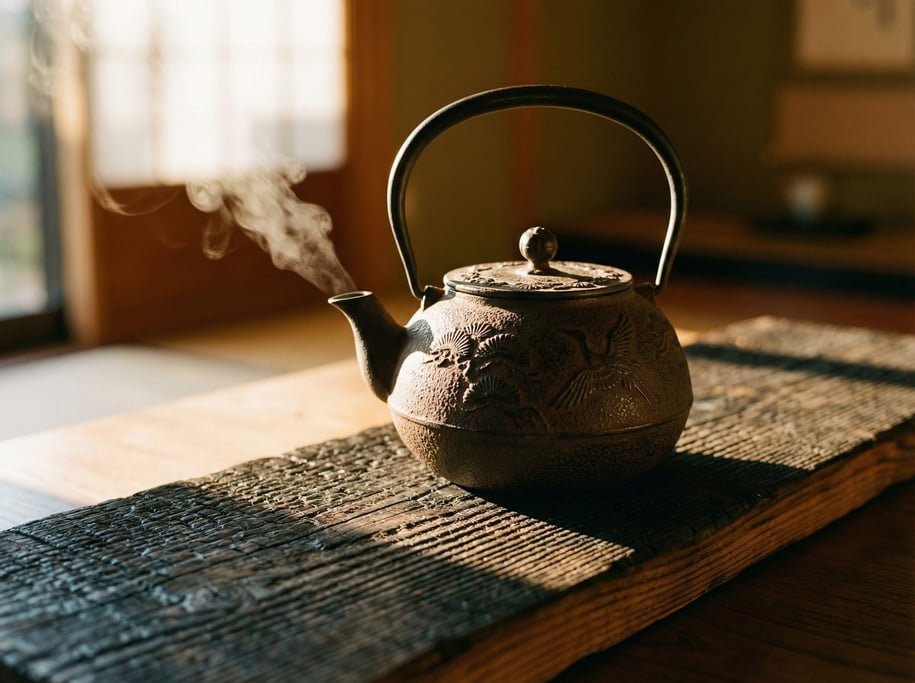 A Japanese cast iron teapot (tetsubin) on a charred wood board, steam wisping from the spout