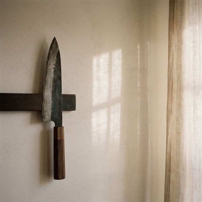 A hand-forged chef's knife resting on a magnetic strip, blade reflecting the kitchen window (5wht0eu6)