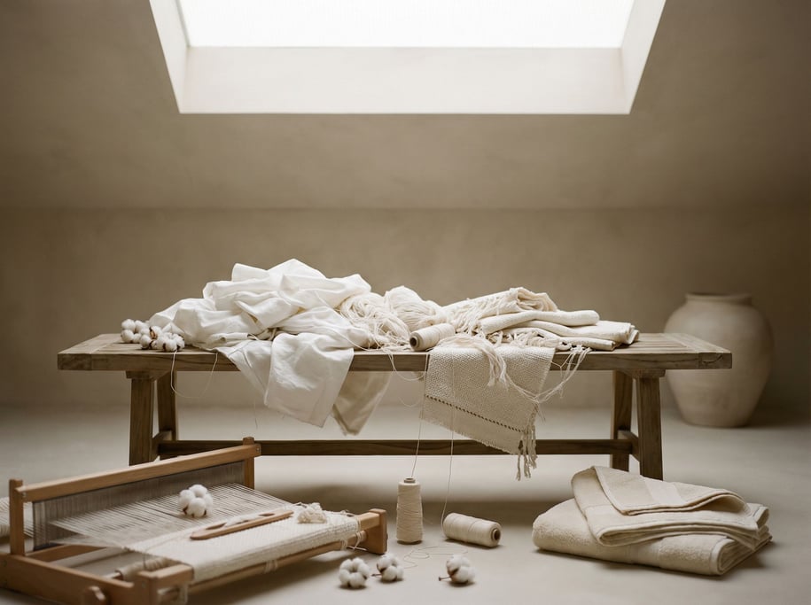 A stack of white cotton towels on a teak bench, spa-like simplicity, neutral tones (npxvgssv)