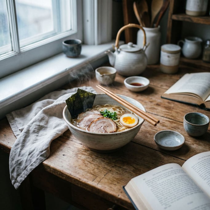 A porcelain bowl of ramen, chopsticks resting across the rim, steam rising, overhead shot