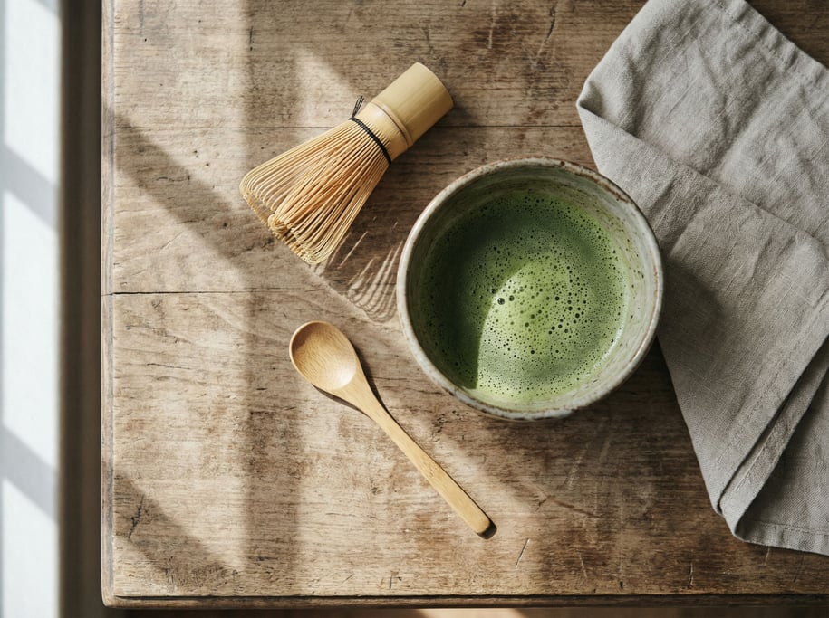 A ceramic bowl of matcha with a bamboo whisk beside it, overhead shot, zen simplicity (jgl5ctht)