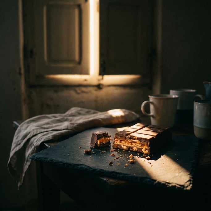 A half-eaten chocolate bar on dark slate, broken pieces revealing layers and inner texture (727hw0mn)