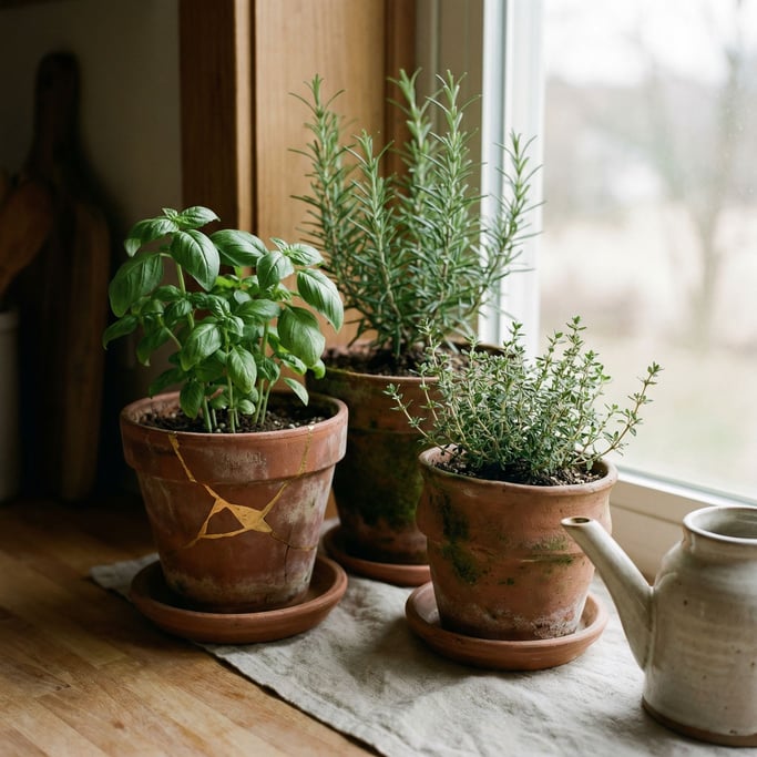 A potted herb garden on a kitchen windowsill: basil, rosemary, thyme in mismatched clay pots