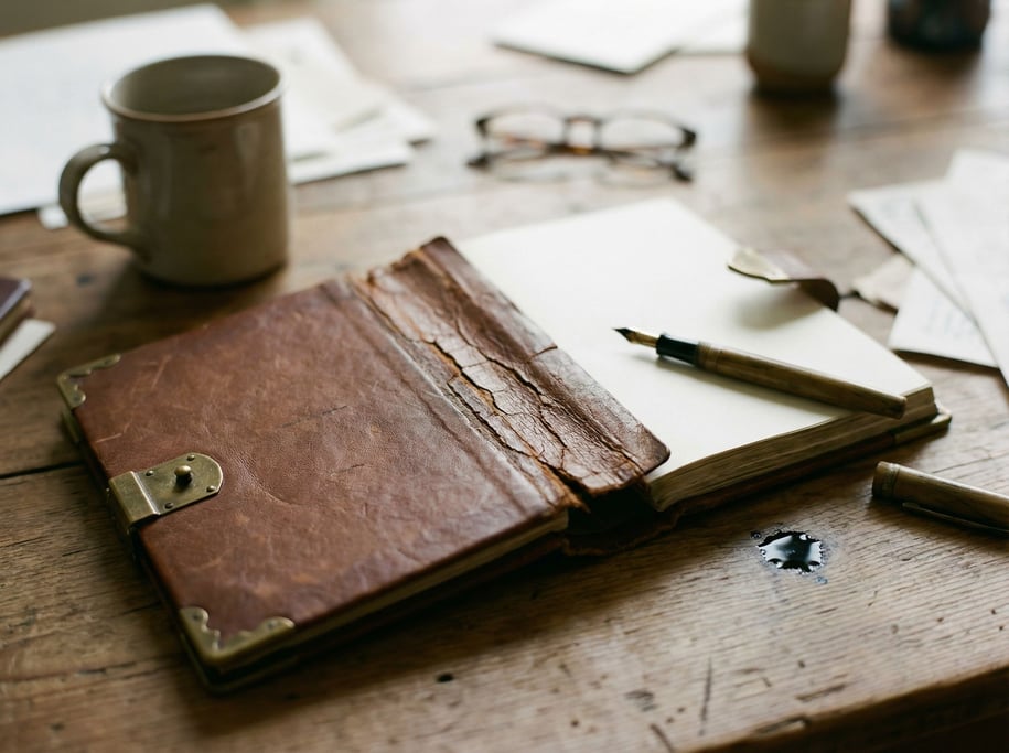 A leather journal with aged brass hardware, spine cracked from use, fountain pen nearby with wet ink (kra9opky)