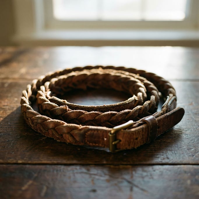 A vintage camera strap coiled on a wooden surface, braided leather showing years of neck wear