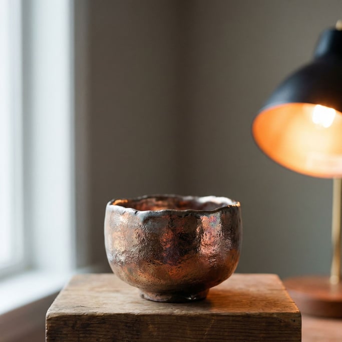 A hand-thrown raku tea bowl, irregular form, metallic glaze catching light at every angle (rplgok9c)
