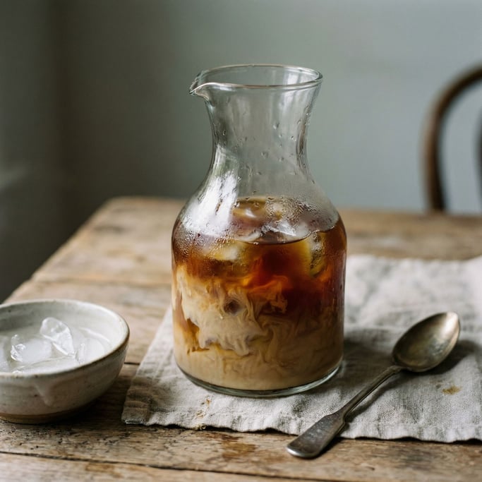 A glass carafe of cold brew coffee on ice, dark liquid layered above cream, condensation dripping