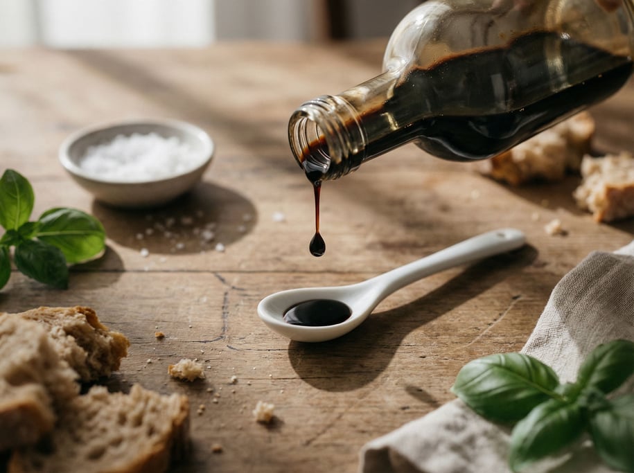 A bottle of aged balsamic vinegar, thick and dark, being poured onto a white spoon