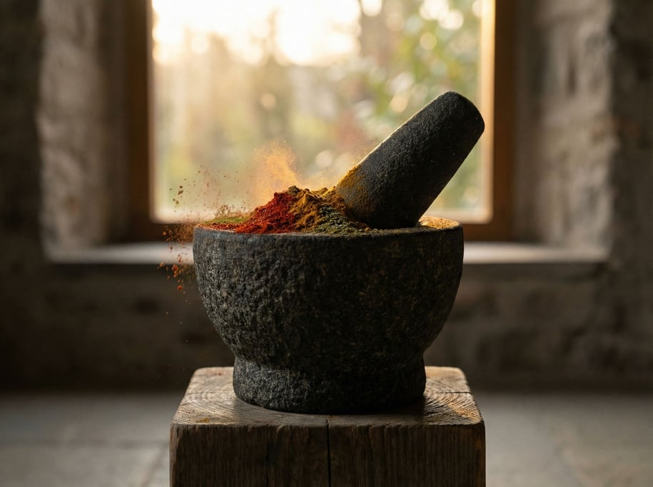 A mortar and pestle with freshly ground spices, colorful powder against gray stone, aromatic implied