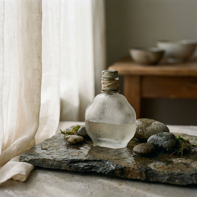 A frosted glass perfume bottle on a wet dark stone surface, water droplets catching light (wclibuu)