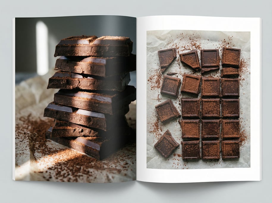 A stack of dark chocolate squares on parchment paper, cocoa powder dusting (h5rjibvo)