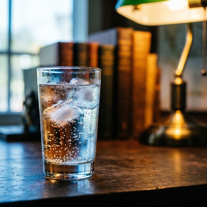 A clear glass of sparkling water with ice, condensation on the glass, cool light (c4tgo2f)