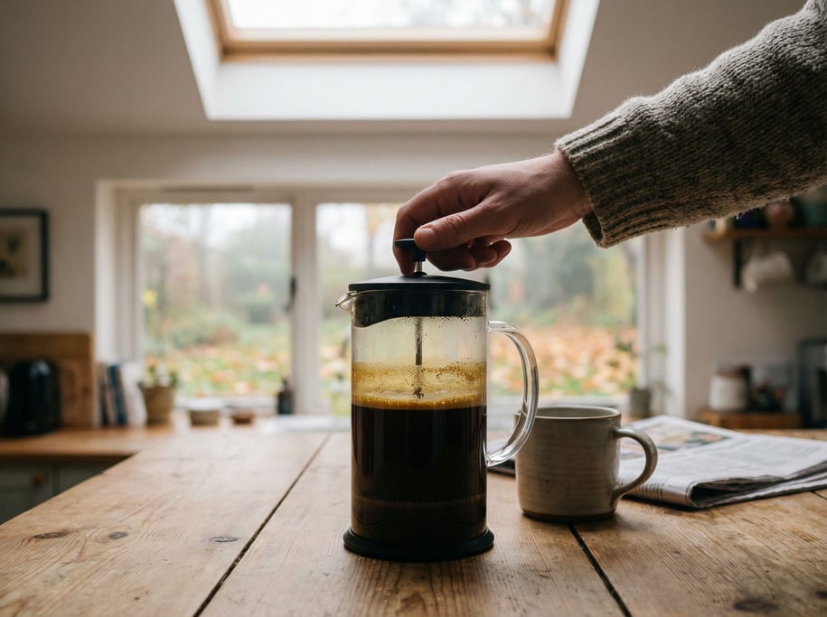 A French press full of coffee, golden crema on top, hand reaching for the plunger, morning ritual