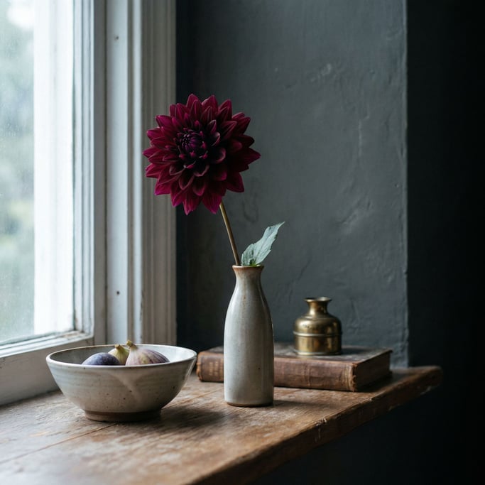 A single dahlia in a slim bud vase, deep burgundy petals, dark background, painterly quality (zhdcgfh5)