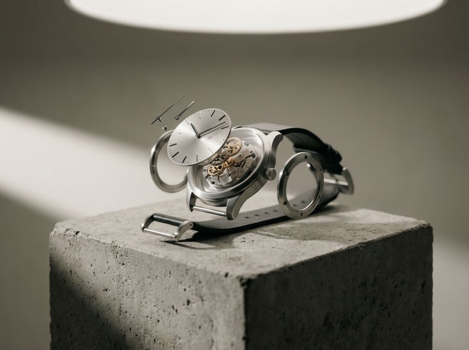 A minimalist watch on a concrete display block, brushed steel case, soft overhead light (alxhgzvu)
