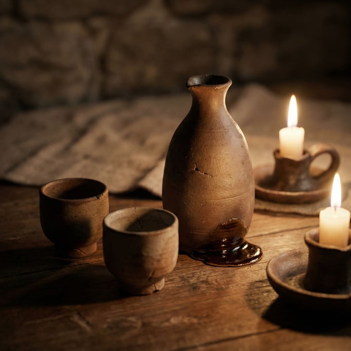 A pair of ceramic sake cups next to a tokkuri flask, glaze pooling at the base, warm overhead light